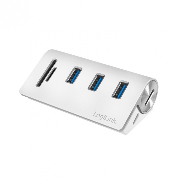 Imagine HUB USB 3.0 cu 3 porturi + cititor carduri Aluminiu, Logilink CR0045